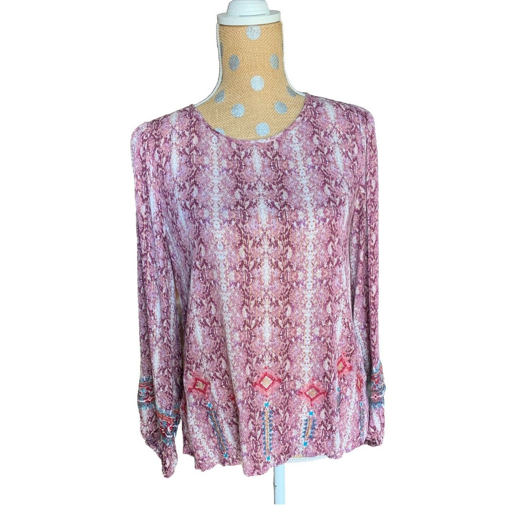 SAVANNA JANE Embroidered Snakeskin Print Peasant Blouse Boho Small Festival